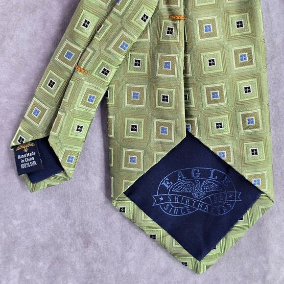 Eagle Shirtmakers Since 1867 Green Blue Geometric 100% Silk Men's Neck Tie NWOT - Picture 6 of 6